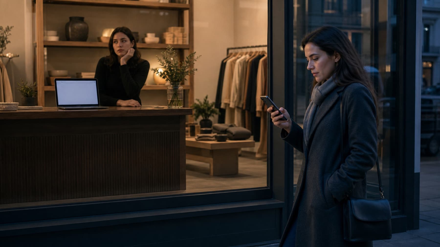 A potential customer searches on her phone while passing an unseen local business
